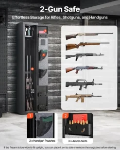 Pengeskabe^Våbenskab - Rifleskab til langvåben - Koldvalset stål - Brandsikkert - Digitalt tastatur - Ammunitionsboks - Til rifler og haglgevær - LED-belysning | CDON