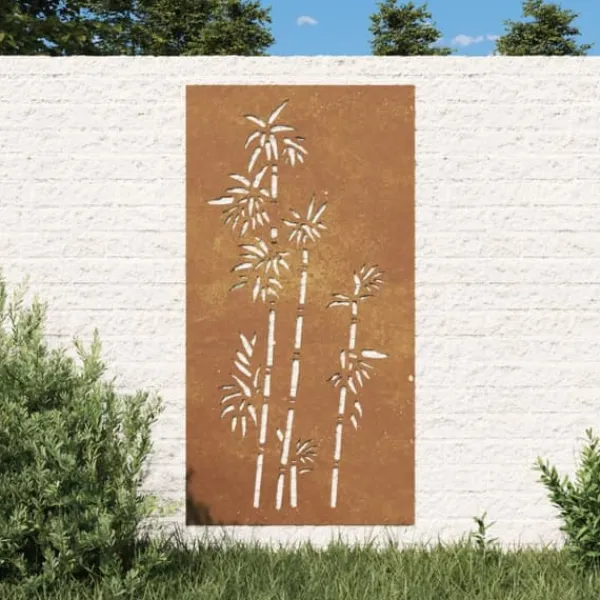 Havedekorationer^Väggdekoration i rosttrögt stål med bambudesign | Storlek: 105x55 cm | Färg: Brunt