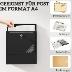 Postkasser & Brevindkast^Vægmonteret brevkasse med låg og lås, kobberkerne, mørkegrå stål 30×8,5×32,5 cm