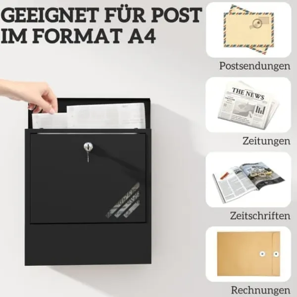 Postkasser & Brevindkast^Vægmonteret brevkasse med låg og lås, kobberkerne, mørkegrå stål 30×8,5×32,5 cm