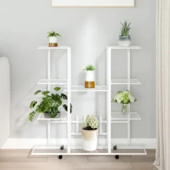 vidaXL Plantestativer^blomsterstativ med hjul 94,5x24,5x91,5 cm jern hvid - Planteborde