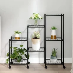 vidaXL Plantestativer^blomsterstativ med hjul 83x25x83,5 cm jern sort - Planteborde