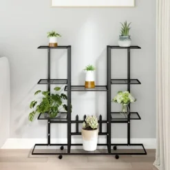 blomsterstativ med hjul 94,5x24,5x91,5 cm jern sort - Planteborde Plantestativer
