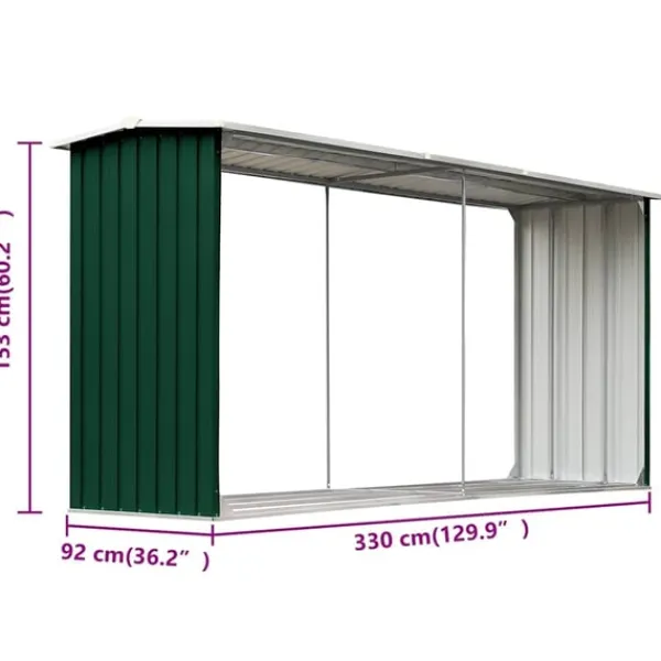 vidaXL Skure, Garager & Carports^brændeskur til haven 330 x 92 x 153 cm galvaniseret stål grøn