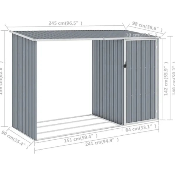 vidaXL Skure, Garager & Carports^brændeskur 245x98x159 cm galvaniseret stål grå - Skure & Redskabsskure