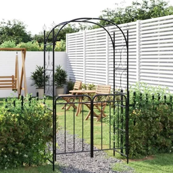 vidaXL Buer, Spalier, Lysthuse Uden Tag^havebue med låge 108x45x235 cm stål sort - Havebuer, espalierer & pergolaer