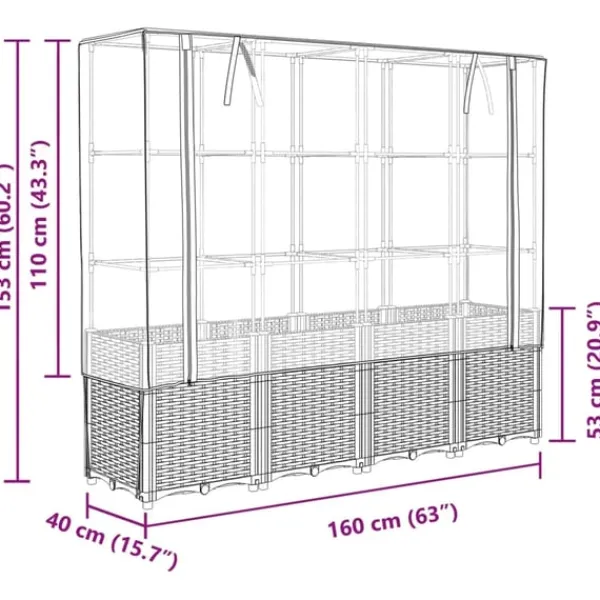 vidaXL Drivhus^højbed med drivhusovertræk 160x40x153 cm rattan-look
