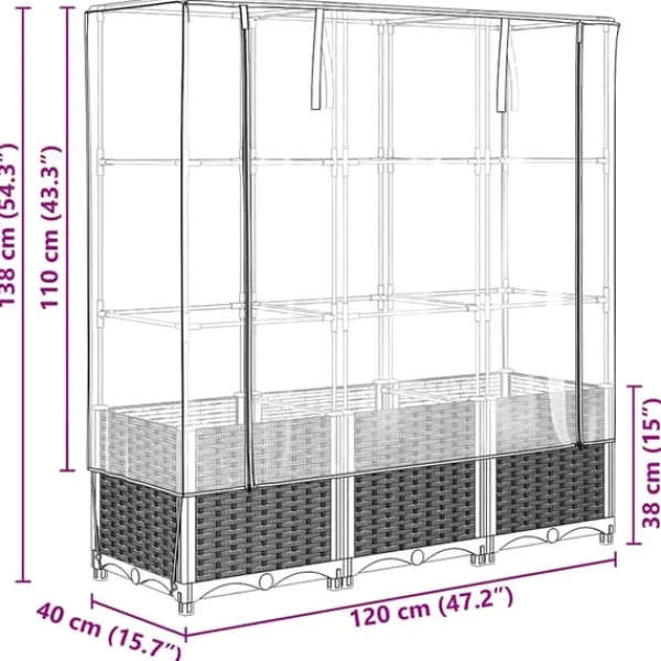 vidaXL Drivhus^højbed med drivhusovertræk 120x40x138 cm rattan-look