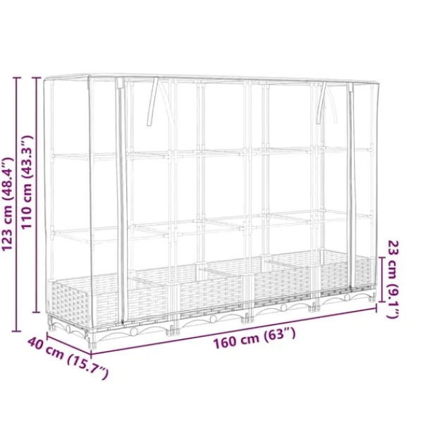 vidaXL Drivhus^højbed med drivhusovertræk 160x40x123 cm rattan-look