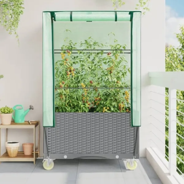 Clearance højbed med overtræk og hjul 80x50x182 cm rattan-look Drivhus