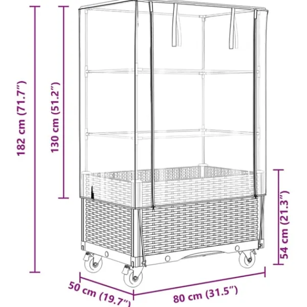 Clearance højbed med overtræk og hjul 80x50x182 cm rattan-look Drivhus