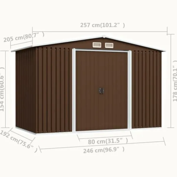 Outlet opbevaringsskur til haven 257x205x178 cm stål brun - Skure & Redskabsskure Skure, Garager & Carports
