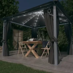 Hot pavillon med gardin + LED-lyskæder 300x300 cm aluminium grå - Festtelte & havepavilloner Telte & Lysthuse