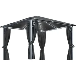 Hot pavillon med gardin + LED-lyskæder 300x300 cm aluminium grå - Festtelte & havepavilloner Telte & Lysthuse