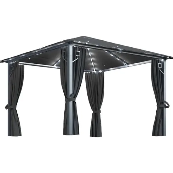 Hot pavillon med gardin + LED-lyskæder 300x300 cm aluminium grå - Festtelte & havepavilloner Telte & Lysthuse