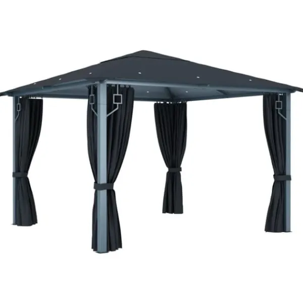 Hot pavillon med gardin + LED-lyskæder 300x300 cm aluminium grå - Festtelte & havepavilloner Telte & Lysthuse