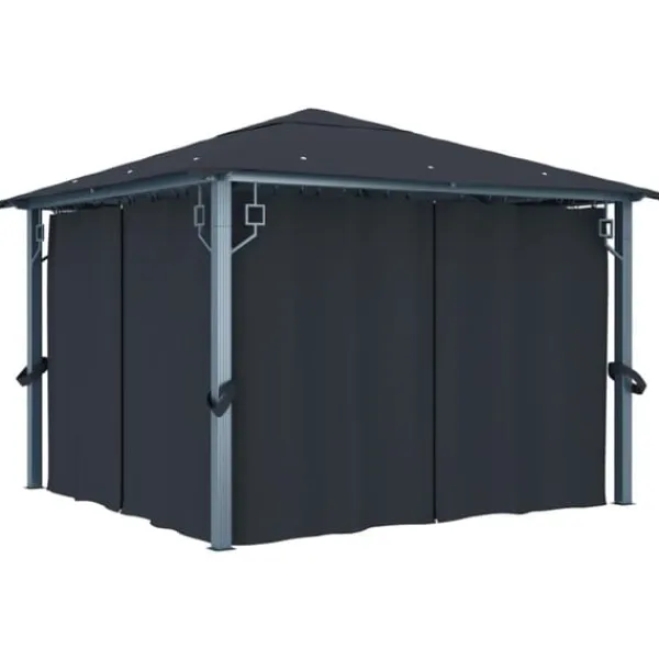 Hot pavillon med gardin + LED-lyskæder 300x300 cm aluminium grå - Festtelte & havepavilloner Telte & Lysthuse