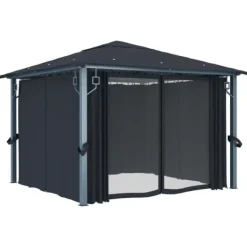 Hot pavillon med gardin + LED-lyskæder 300x300 cm aluminium grå - Festtelte & havepavilloner Telte & Lysthuse