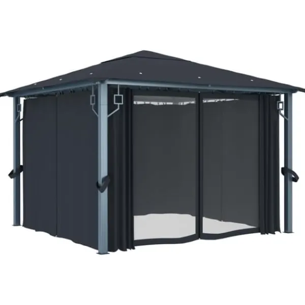 Hot pavillon med gardin + LED-lyskæder 300x300 cm aluminium grå - Festtelte & havepavilloner Telte & Lysthuse
