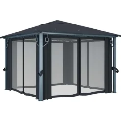 Hot pavillon med gardin + LED-lyskæder 300x300 cm aluminium grå - Festtelte & havepavilloner Telte & Lysthuse