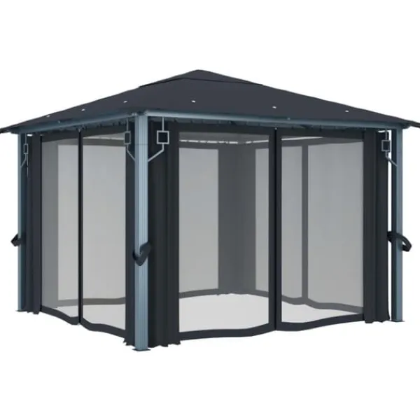 Hot pavillon med gardin + LED-lyskæder 300x300 cm aluminium grå - Festtelte & havepavilloner Telte & Lysthuse