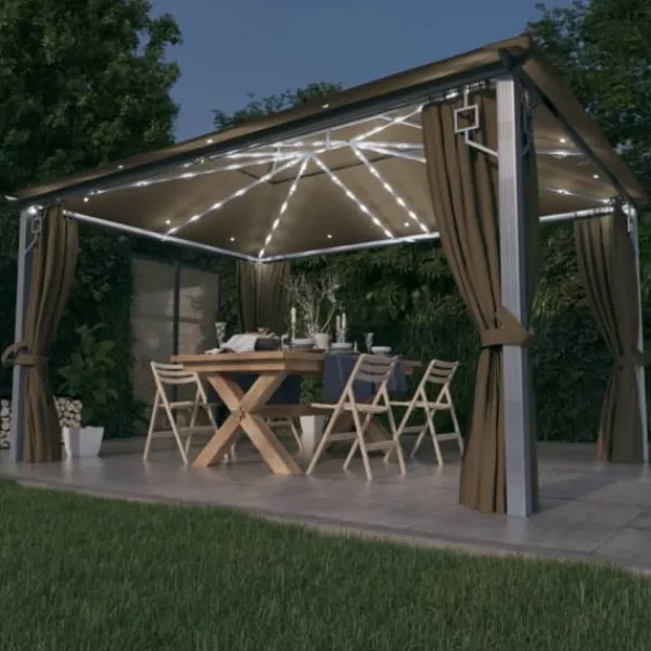 vidaXL Telte & Lysthuse^pavillon med gardin + LED-lyskæde 400x300 cm aluminium gråbrun - Festtelte & havepavilloner