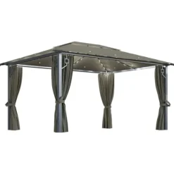 vidaXL Telte & Lysthuse^pavillon med gardin + LED-lyskæde 400x300 cm aluminium gråbrun - Festtelte & havepavilloner