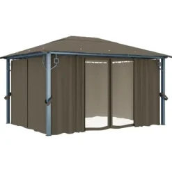 vidaXL Telte & Lysthuse^pavillon med gardin + LED-lyskæde 400x300 cm aluminium gråbrun - Festtelte & havepavilloner