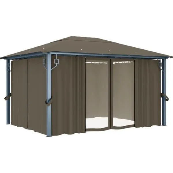 vidaXL Telte & Lysthuse^pavillon med gardin + LED-lyskæde 400x300 cm aluminium gråbrun - Festtelte & havepavilloner