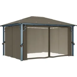 vidaXL Telte & Lysthuse^pavillon med gardin + LED-lyskæde 400x300 cm aluminium gråbrun - Festtelte & havepavilloner