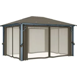 vidaXL Telte & Lysthuse^pavillon med gardin + LED-lyskæde 400x300 cm aluminium gråbrun - Festtelte & havepavilloner