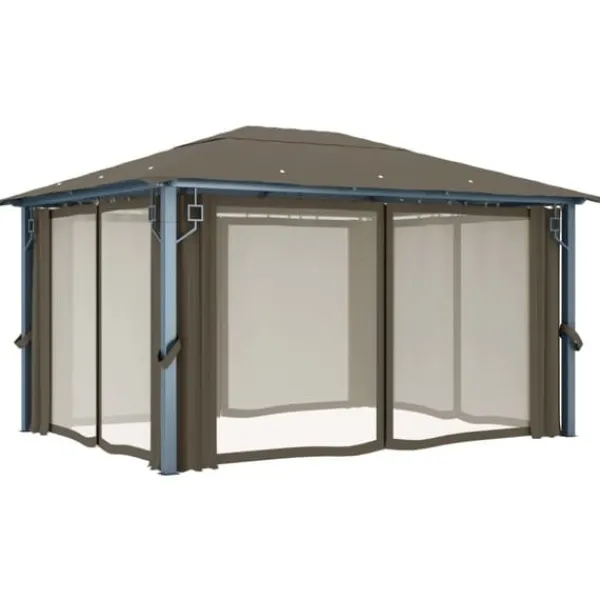 vidaXL Telte & Lysthuse^pavillon med gardin + LED-lyskæde 400x300 cm aluminium gråbrun - Festtelte & havepavilloner
