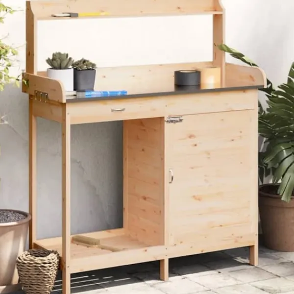 New pottebænk med skab 110,5x45x124,5 cm massivt grantræ - Planteborde Plantningsbænke