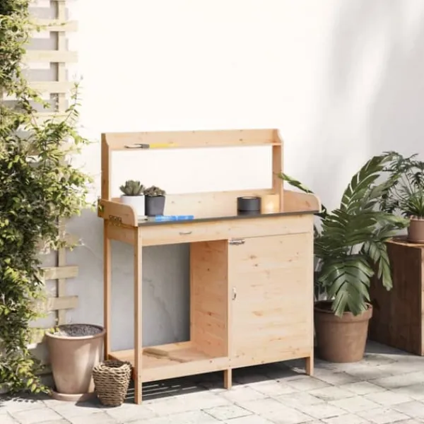 New pottebænk med skab 110,5x45x124,5 cm massivt grantræ - Planteborde Plantningsbænke