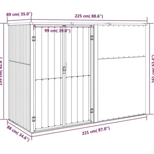 vidaXL Skure, Garager & Carports^redskabsskur til haven 225x89x161 cm galvaniseret stål brun - Skure & Redskabsskure
