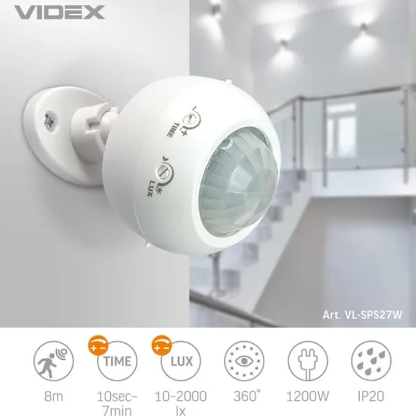 Best Videx infrarød bevægelses- og lyssensor IP20 effekt 1200W rækkevidde 8m vinkel 360° Bevægelsesdetektorer