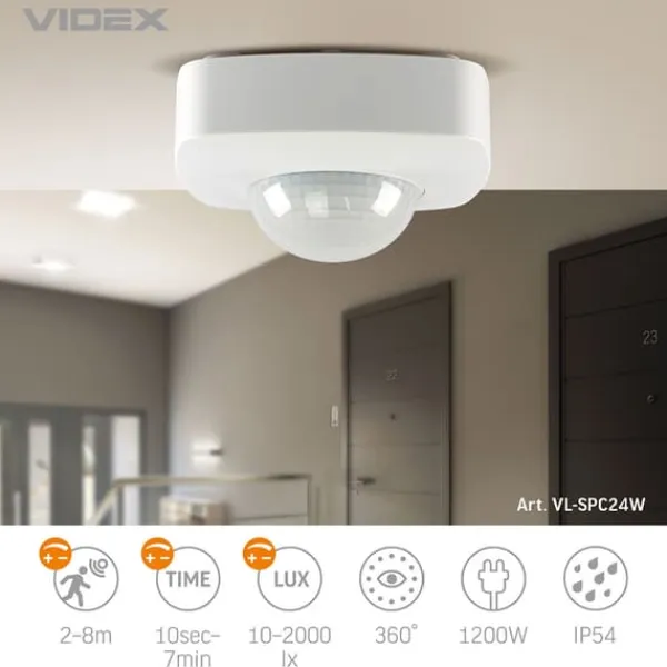 Discount Videx infrarød bevægelses- og lyssensor IP54 effekt 1200W rækkevidde 8m vinkel 360° Bevægelsesdetektorer