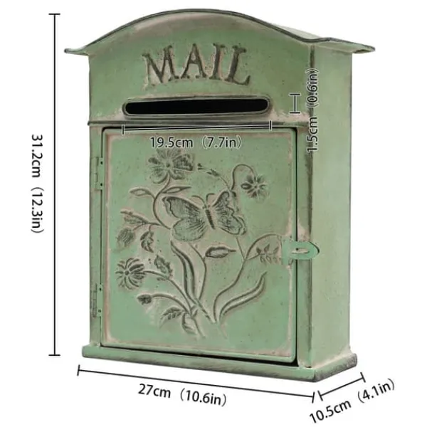 Best Vintage Postkasse - Vægmonteret Postkasse - Til Hegn - Præget Metal - Udendørs Brug - 27×10,5×31,2 cm - Brevindkast 9,5×1,5 cm - Grøn Postkasser & Brevindkast