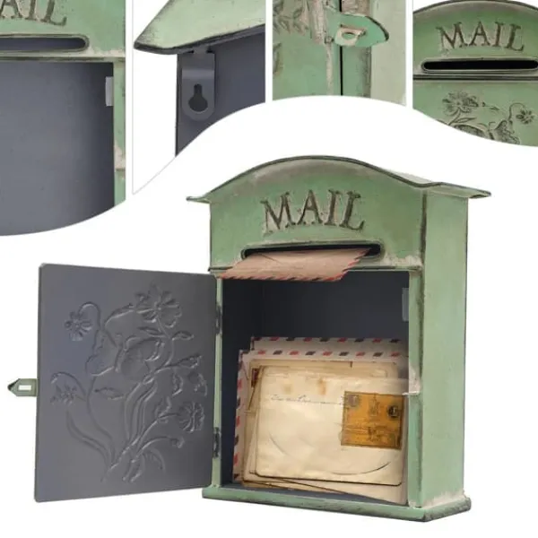 New Vintage udendørs postkasse - Vægmonteret - Metal - Sommerfugl- og blomstermønster - Rustik - Brevindkast 19,5×1,5 cm - 27×10,5×31,2 cm - Armygrøn Postkasser & Brevindkast