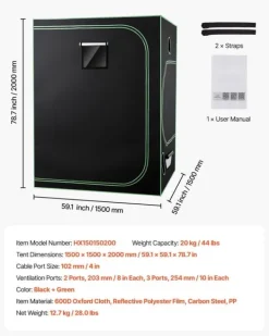Drivhus^Væksttelt sæt - Indendørs plantetelt - 150 x 150 x 200 cm - Fuldspektrum LED vækstlys - Ventilationssystem - 600D højreflekterende Mylar