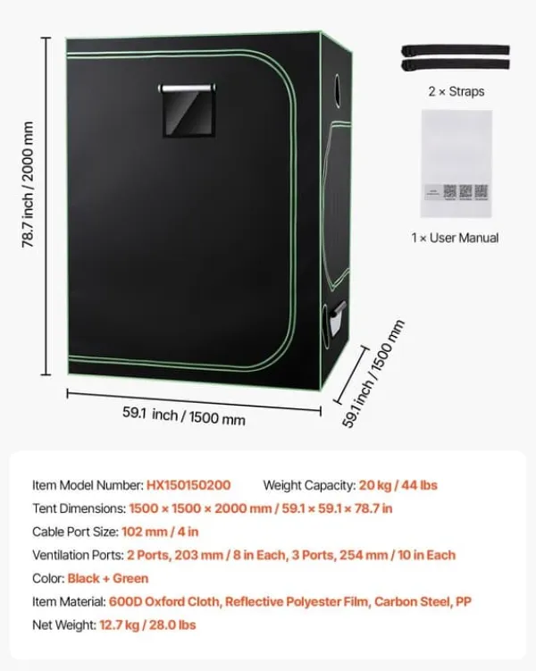 Drivhus^Væksttelt sæt - Indendørs plantetelt - 150 x 150 x 200 cm - Fuldspektrum LED vækstlys - Ventilationssystem - 600D højreflekterende Mylar