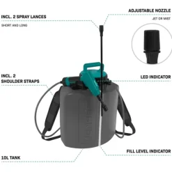 Clearance Elektrisk Tryksprøjte 10L – 4V | Sprøjt uden at pumpe | Genopladelig 4V batteri | Inkl. kort & lang sprøjtelanse + USB-C kabel Haveværktøj