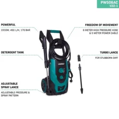 Online Højtryksrenser - 2200W | 170 bar, 450 l/t, sæbebeholder, spraypistol, turbo- og justerbar lanse, 8m slange, til bil og terrasse Havemaskiner