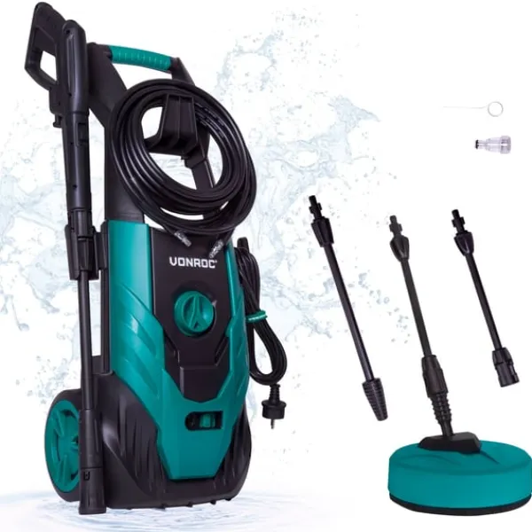 Vonroc Havemaskiner^Højtryksrenser -1800W | 140 bar, 420 l/t | Inkl. Terrassevasker, Turbo- og Justerbar Dyse, Sæbetank & Tilbehør