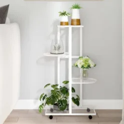 Plantestativer^Växtställ på hjul - 4 hyllor för växter och dekoration | Färg: Vit | Storlek: 44x23x80 cm