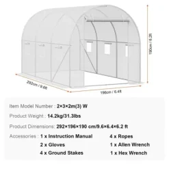 Hot Walk-in Tunnel Drivhus 9,58x6,43x6,23ft, Galvaniseret Ramme, PE Dække, Hvid, Holdbarhed, Effektiv Luftcirkulation Drivhus