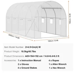 Drivhus^Walk-in Tunnel Drivhus 14,6x6,36x6,3ft, Galvaniseret ramme, PE Cover, Hvid, holdbarhed, vejrbestandig