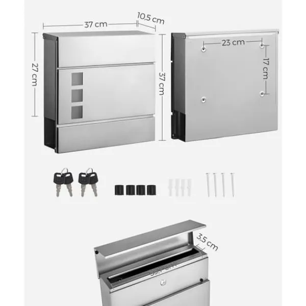 Postkasser & Brevindkast^Wall Letterbox - Letterbox - Med avisboks - med lås - sølv