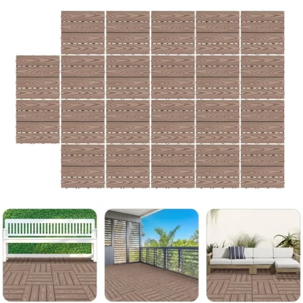 Hot WPC terrassefliser - Kliksystem - 22-pak - 30×30 cm - 20 mm Tykkelse - Præget træstruktur - Bæreevne 500 kg - Mørk khaki Havedekorationer