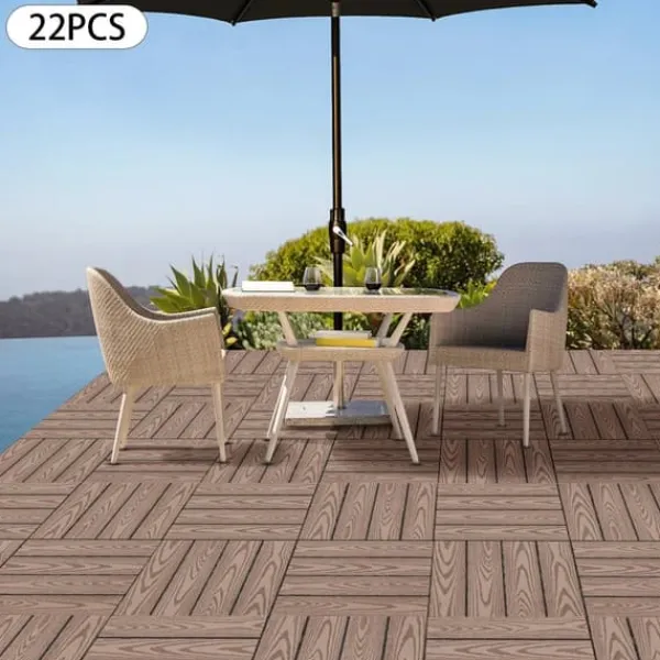 Hot WPC terrassefliser - Kliksystem - 22-pak - 30×30 cm - 20 mm Tykkelse - Præget træstruktur - Bæreevne 500 kg - Mørk khaki Havedekorationer